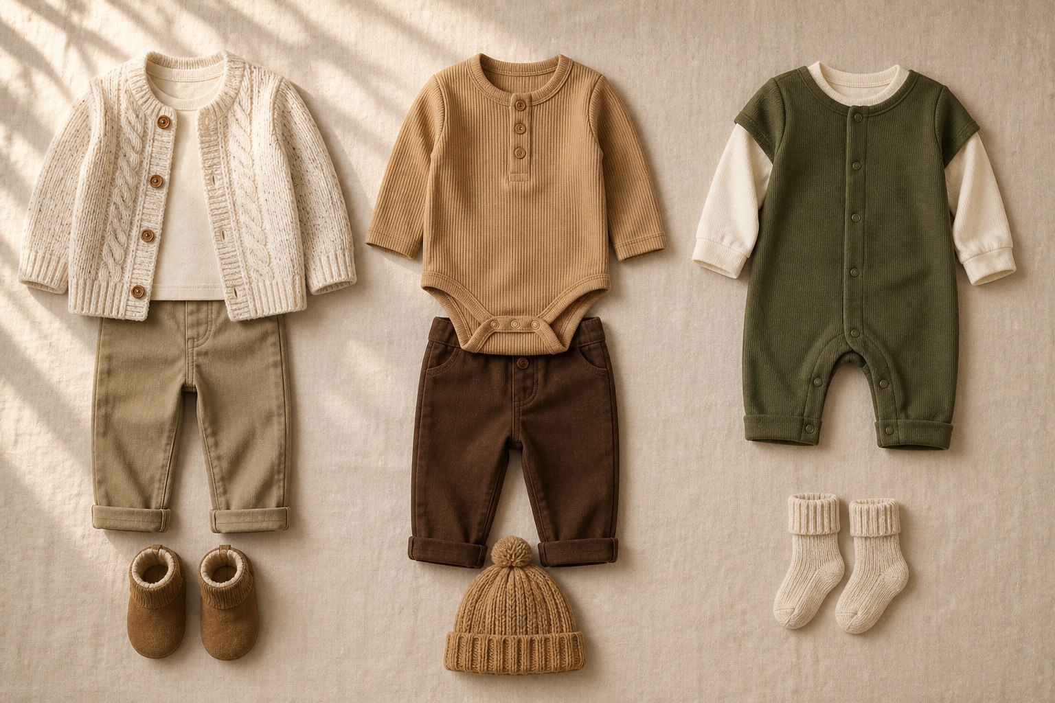Realistic fall outfit ideas for baby boys in cream, camel, brown and olive