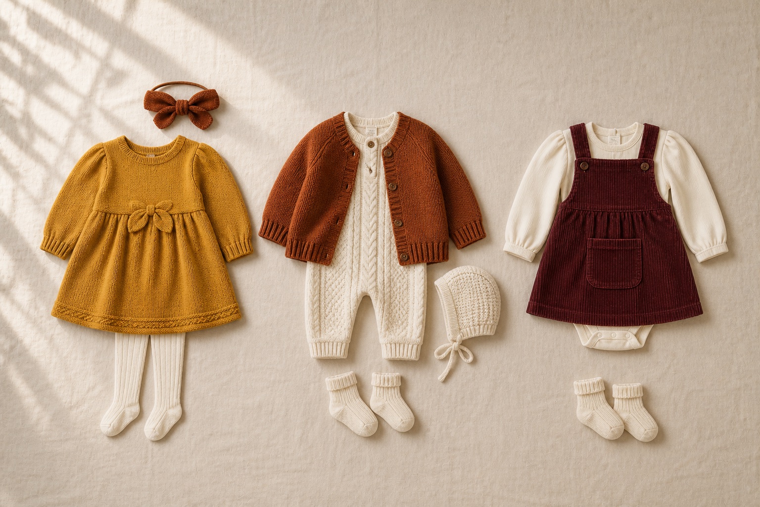 Realistic fall outfit ideas for baby girls in mustard, cream, rust and burgundy