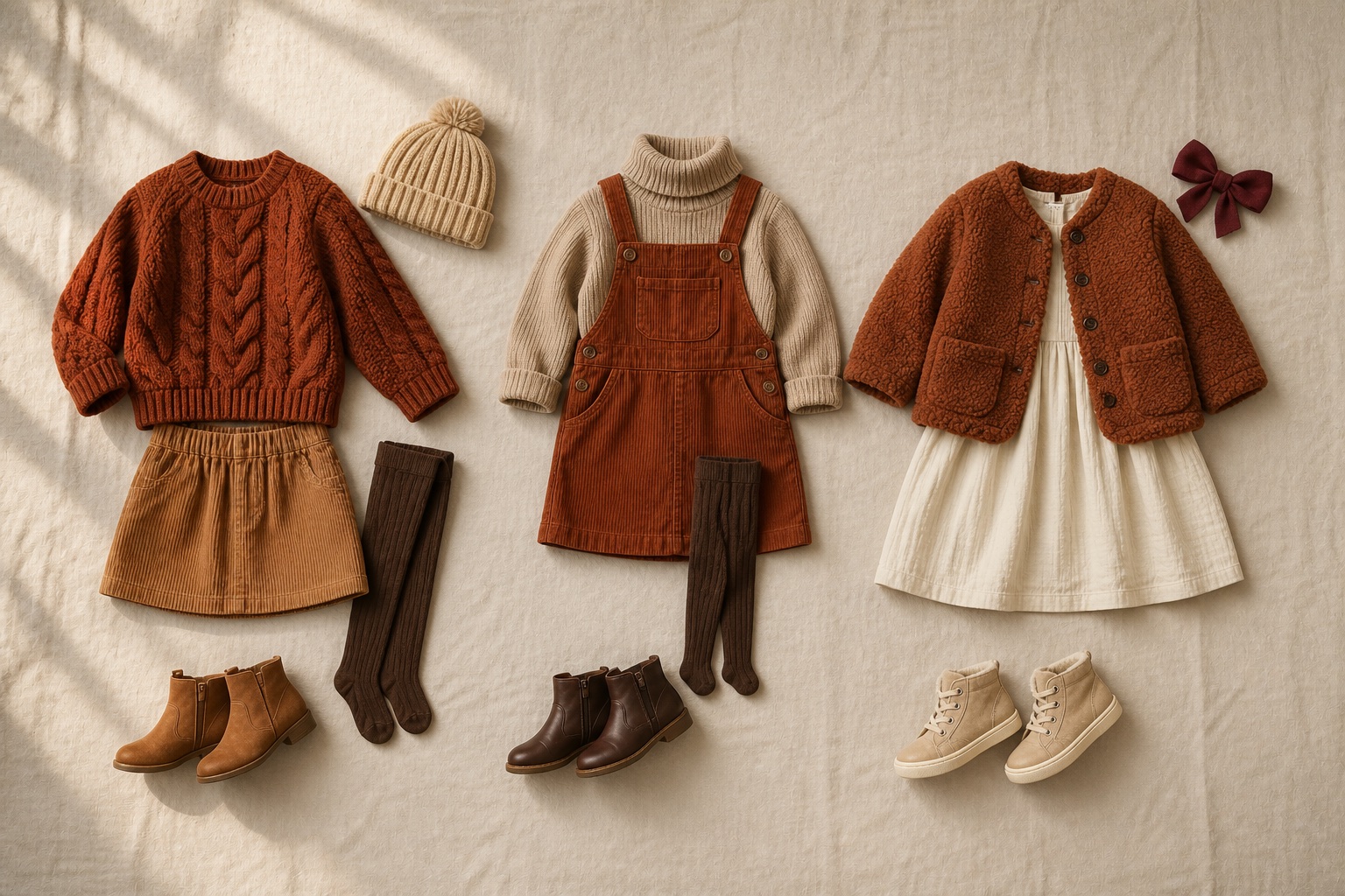 Realistic fall outfit ideas for girls with rust knits, corduroy, cream and brown