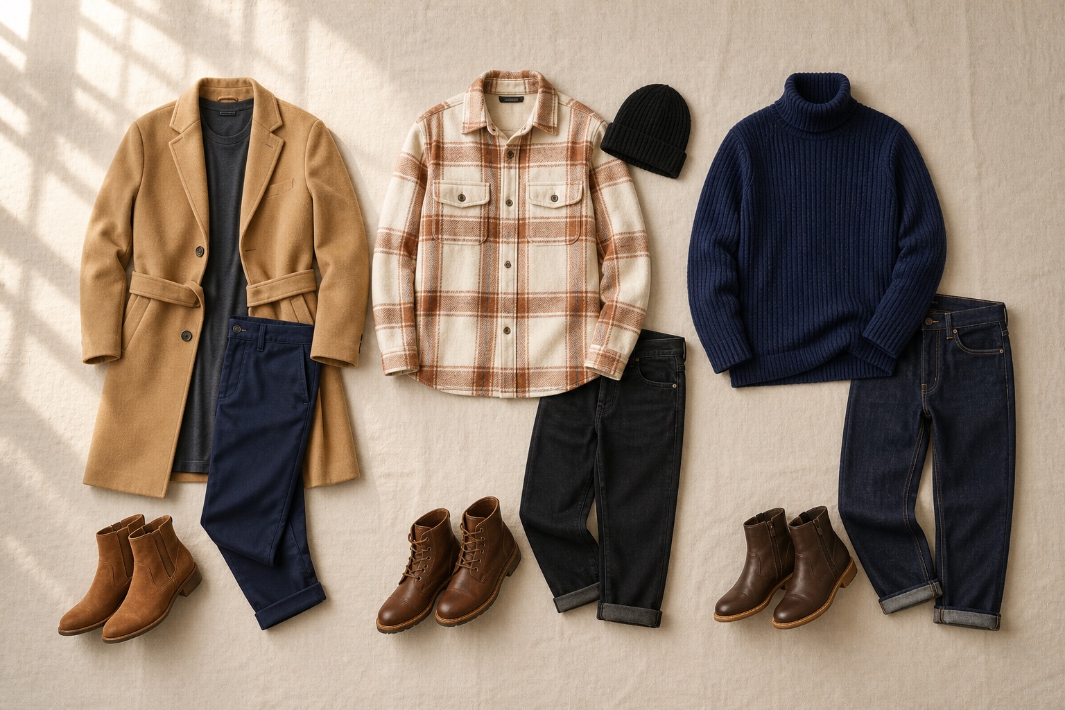 Realistic fall outfit ideas for men with camel, plaid, navy and dark denim