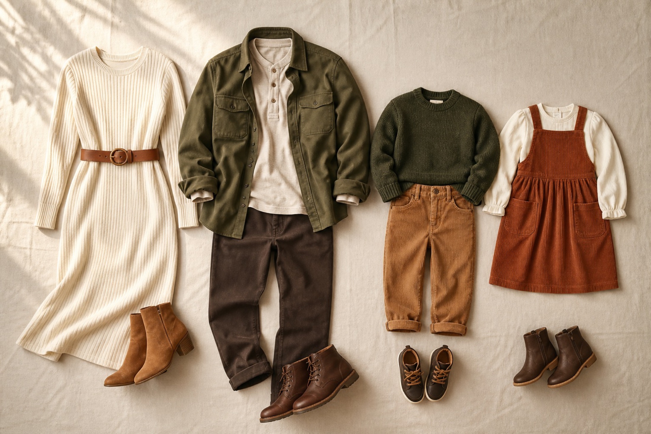 Coordinated fall family outfits in warm neutral colours