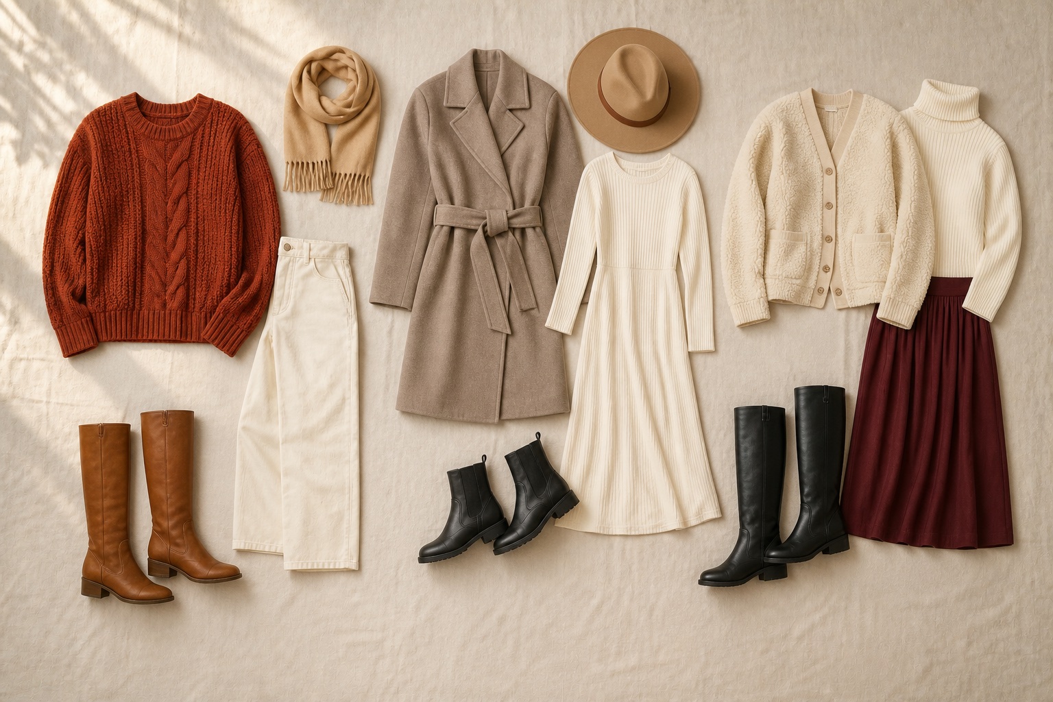 Realistic fall outfit ideas for women in rust, cream, camel and burgundy